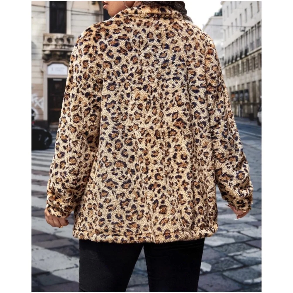 Plus Cozy Vegan Fur Leopard Print Jacket Coat - Picture 4 of 4
